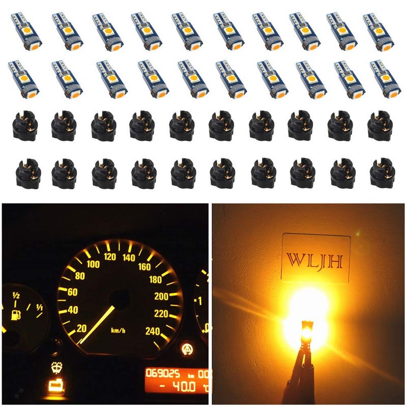 WLJH 74 Led Bulb Dash Lights Super Bright T5 2721 37 286 Wedge PC74 Twist Socket Automotive Instrument Panel Gauge Light Kits Cluster Shift Indicator Bulbs Amber Yellow Pack of 20 - Image 1